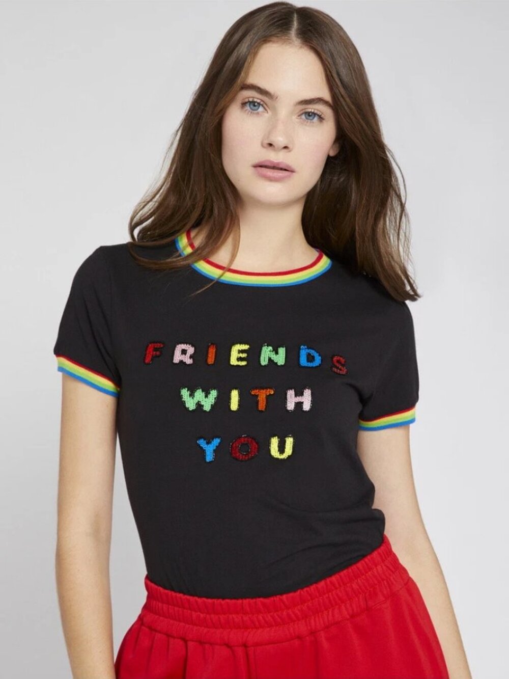 Alice + Olivia "Friends With You" Rainbow Embellished T XL